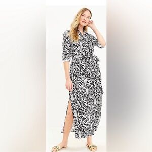 Loft Linen Pineapple Maxi Shirtdress 8 Black White Belted Coastal Vacation